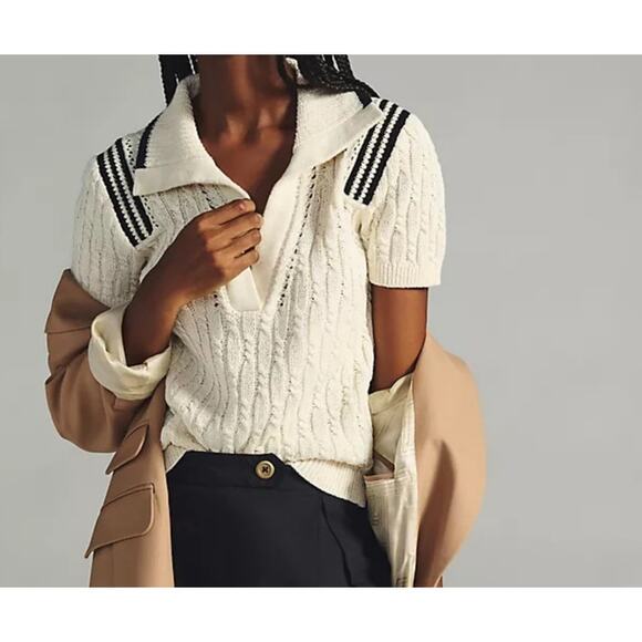 Anthropologie Maeve Cable Knit Polo short sleeve Sweater Tee linen plus size 3X - Picture 1 of 8